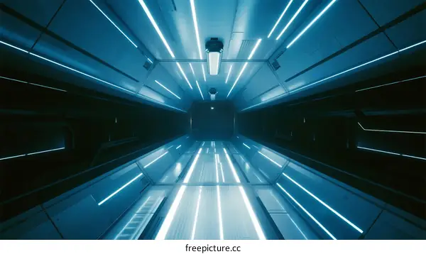 Futuristic Blue-Lit Corridor with Glowing Neon Lines