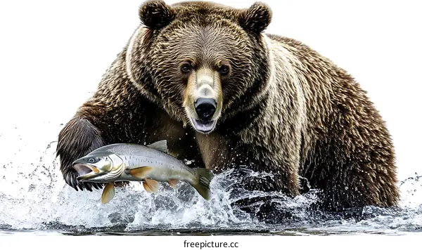 Brown Bear Catching Salmon in a Powerful Pose