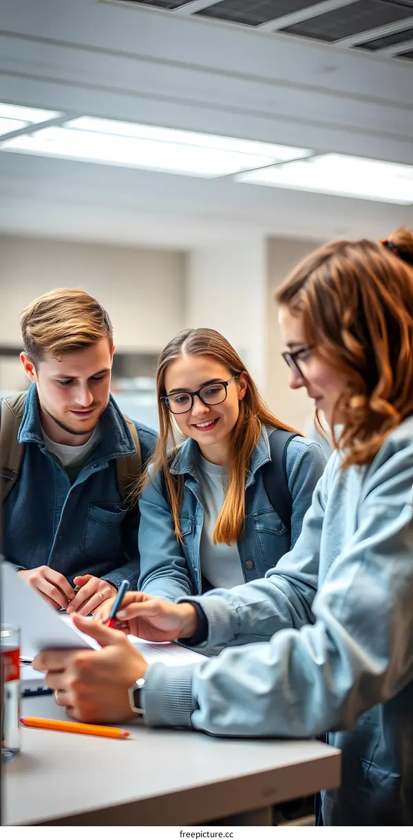 Three Students Working Together on a Project in a Classroom