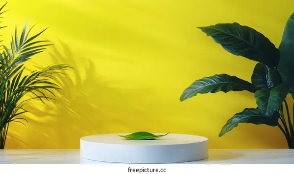 Bright Yellow Background with Tropical Plants and a Display Platform