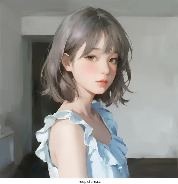 Portrait of Young Woman with Short Gray Hair in Blue Ruffled Dress