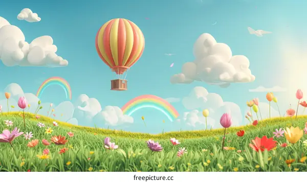 Hot Air Balloon Over Field Of Flowers