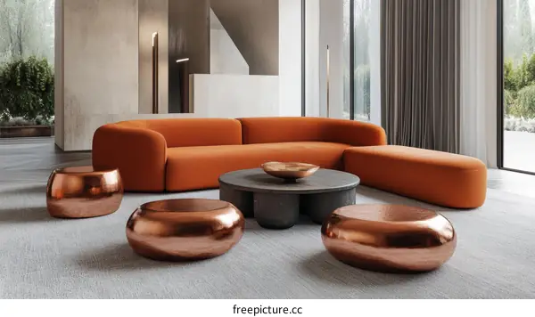 Modern Living Room Interior Design with Copper Coffee Tables