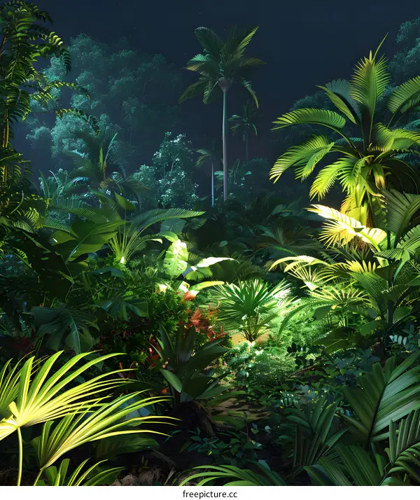Tropical Rainforest Night Scene With Lush Greenery