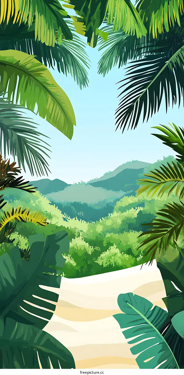 Tropical Rainforest Illustration with Palm Trees and Green Mountains