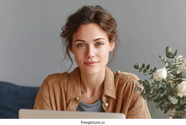 Young Caucasian Woman Working on Laptop