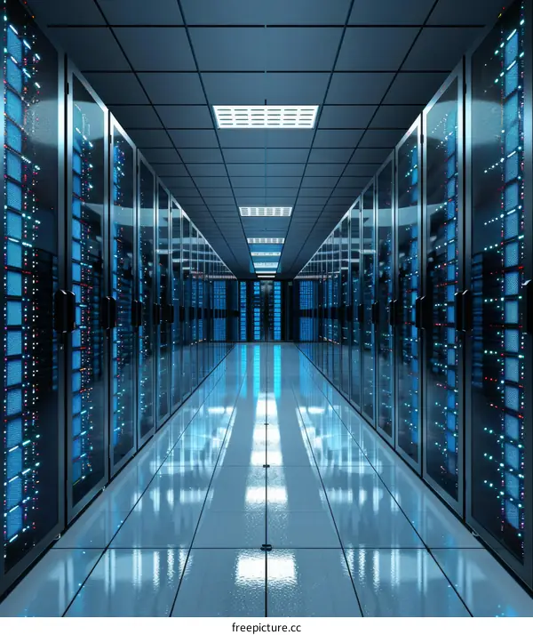 Futuristic Sci-Fi Server Room With Glowing Blue Lights