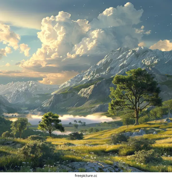 fantasy landscape with mountains and trees