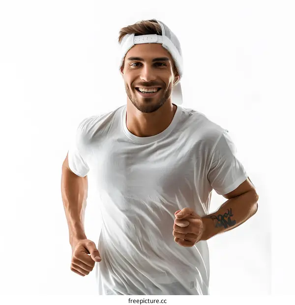 young caucasian male model in white clothes running