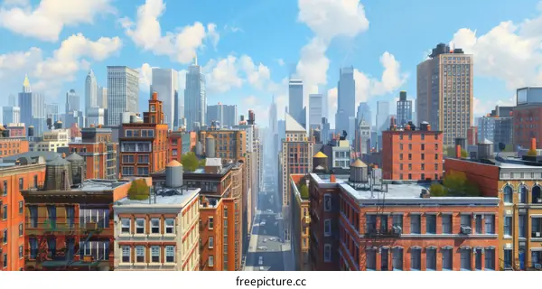 Cityscape of Manhattan, New York City on a bright, sunny day under clear blue skies