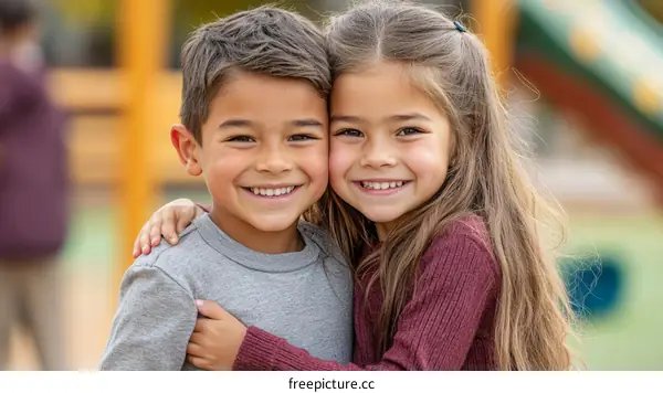 Two Children Embrace Friendship at Playground