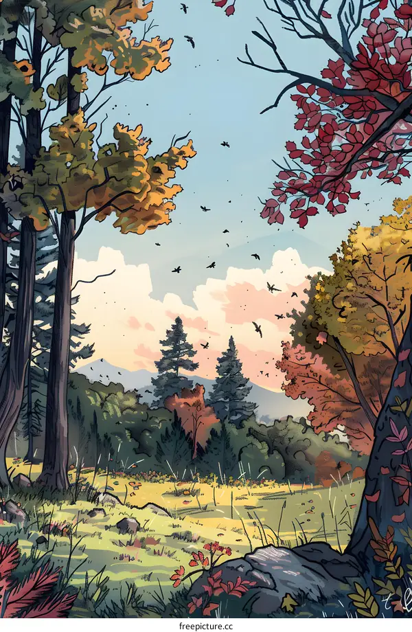Autumn Landscape with Flying Birds