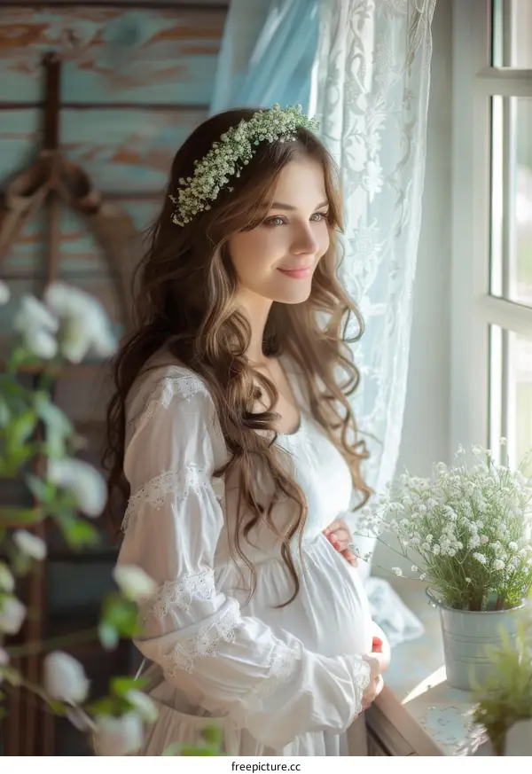 Pregnant Woman with Flower Crown by the Window