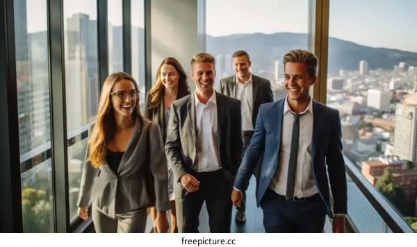 A group of business professionals walking and talking in a modern office building