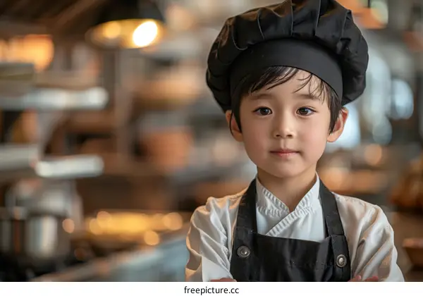 Portrait of a young boy in a chef's hat and apron