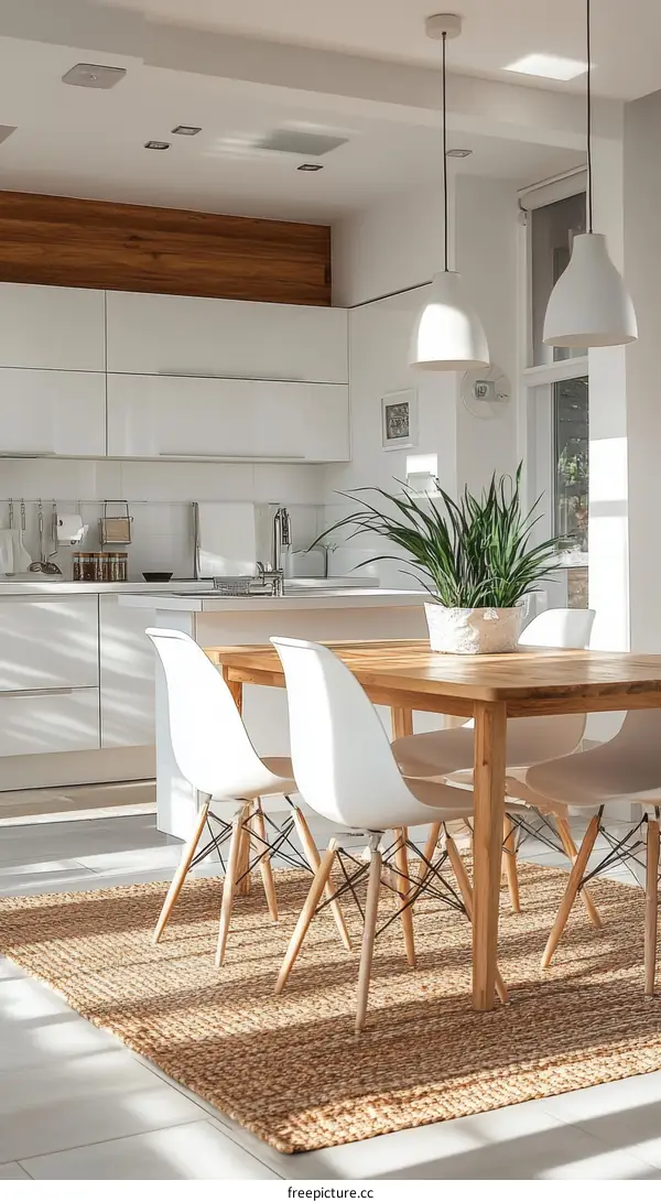 Modern Kitchen Dining Area with Natural Rug