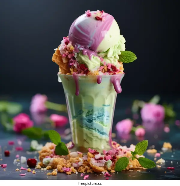 Ice cream with pink and green frosting and colorful sprinkles