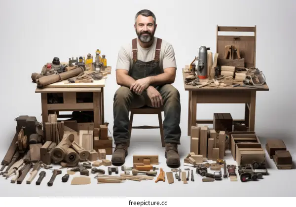 Portrait of a male carpenter sitting on a chair in his workshop, surrounded by various woodworking tools and materials