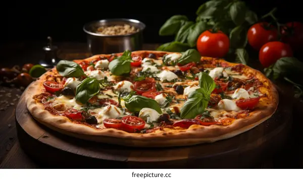 A delicious pizza with tomatoes, basil, and mozzarella cheese