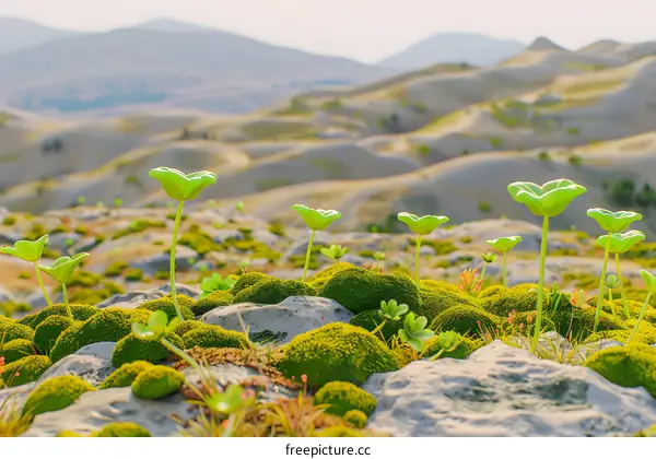 Green Plants Growing on Rocks in a Mountainous Landscape