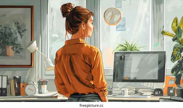 A woman standing in front of a window looking out at the city