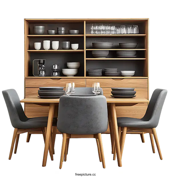 [Transparent Background PNG]Modern Wooden Dining Set with Hutch