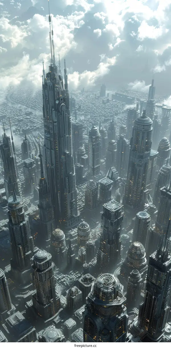 A Futuristic Cityscape with a Towering Skyscraper