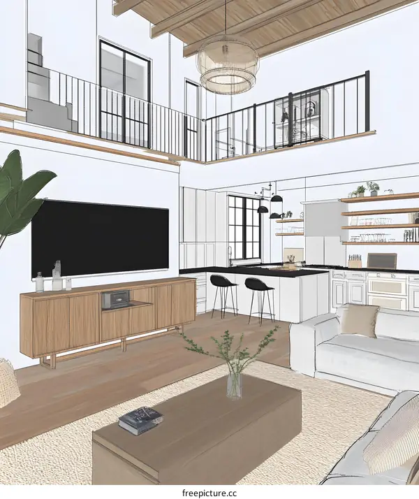 Modern Interior Design Sketch of a Two Story Home with Open Floor Plan