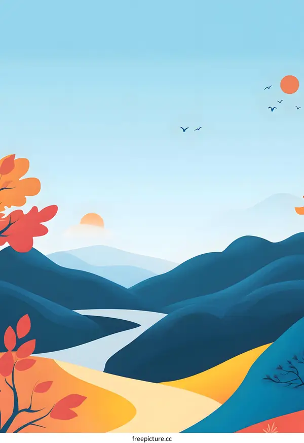 Minimalist Mountain Landscape Illustration with a Winding River