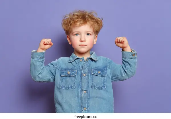 Little Boy Showing Strength in Denim Shirt