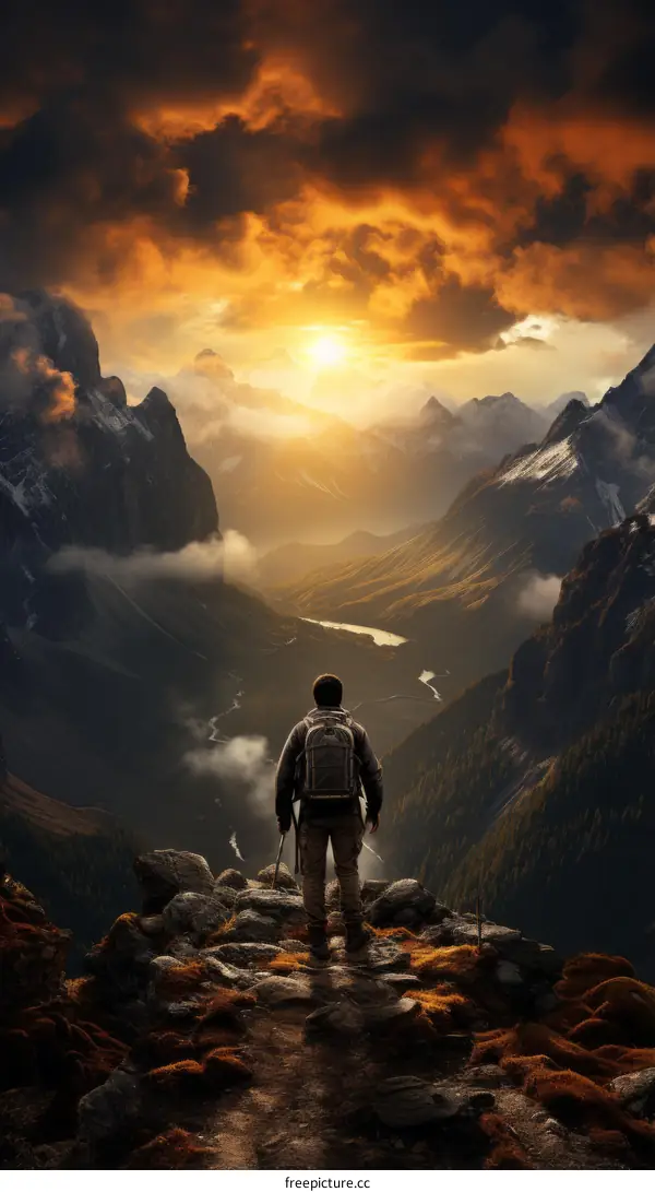Man standing on a mountaintop overlooking a valley with a river running through it. There are mountains in the background and a sunset in the sky.