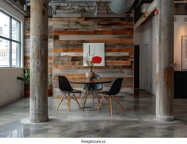 Mid-Century Modern Dining Room with Reclaimed Wood Accent Wall