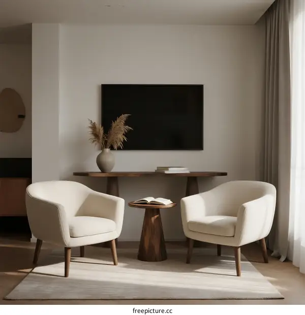 Modern living room with two armchairs and a wooden side table