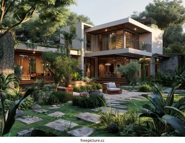 Courtyard House with Natural Elements and Contemporary Design