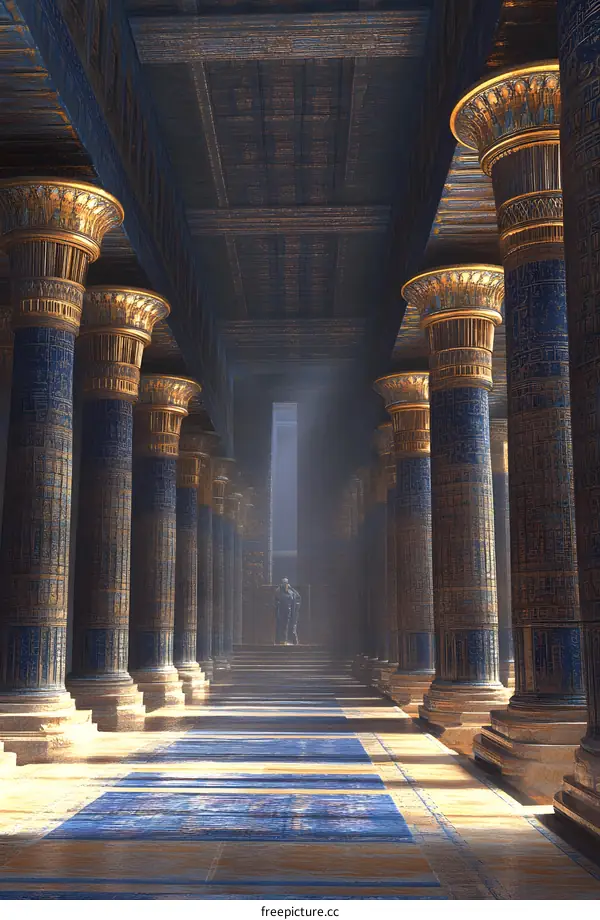 Ancient Egyptian Hallway with Columns and a Person Standing at the End