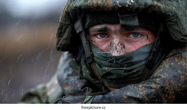 Portrait of a soldier in the rain