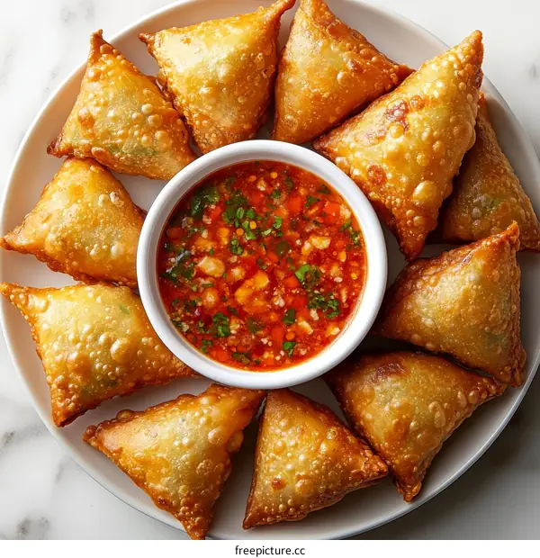 Crispy Fried Triangle Samosas with Spicy Dipping Sauce