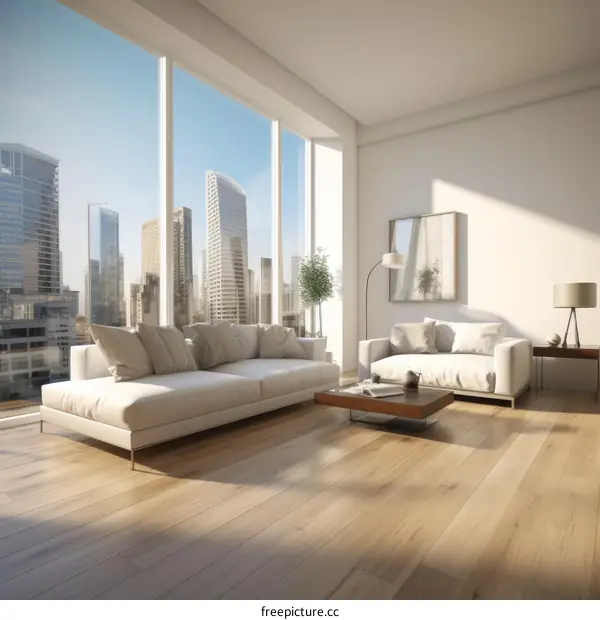Modern living room interior with large windows and city view
