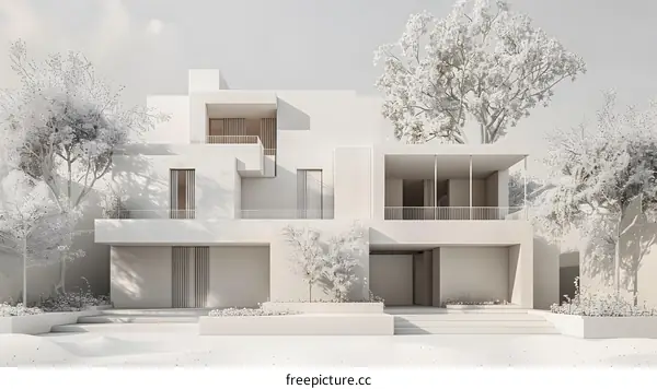 Minimalist Modern House 3D Render with Trees and Greenery
