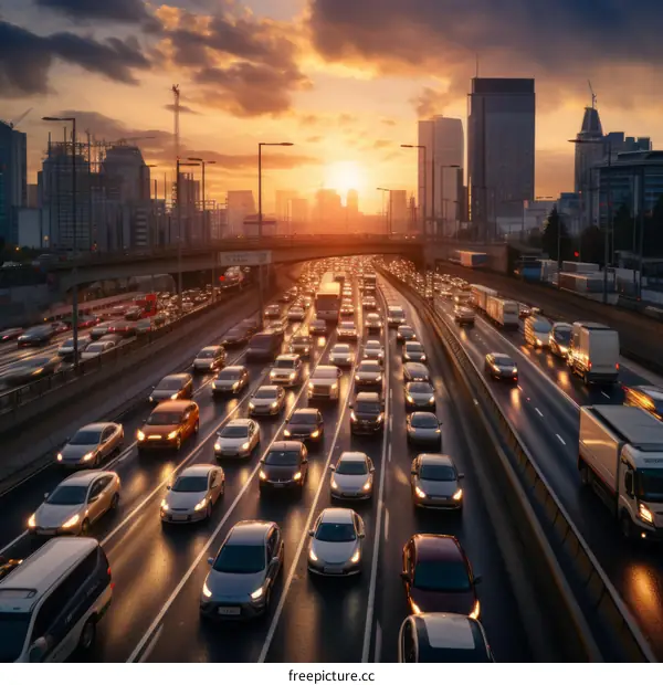 Urban expressway traffic jam during rush hour with a beautiful sunset in the background