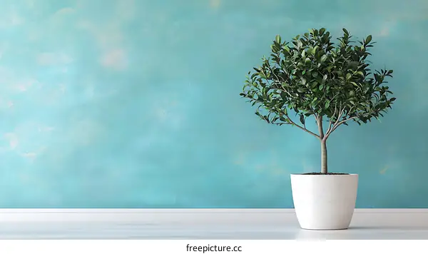 Blue Wall With Potted Plant In White Pot