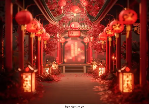 Festive Red Lanterns Adorn Chinese Corridor