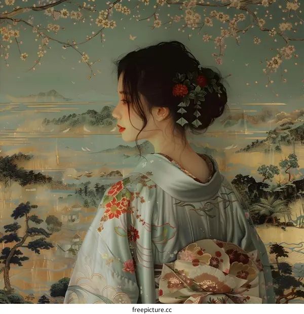 Japanese Woman in Kimono with Cherry Blossoms