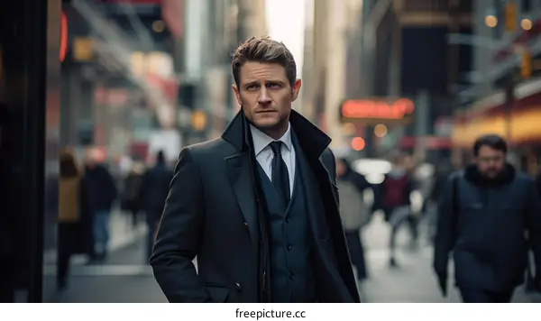 A man in a suit is walking down a busy street