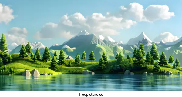 Low Poly 3D Illustration of a Peaceful Mountain Lake