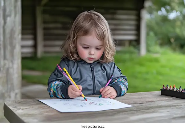 Little Girl Drawing with Crayons on a Table