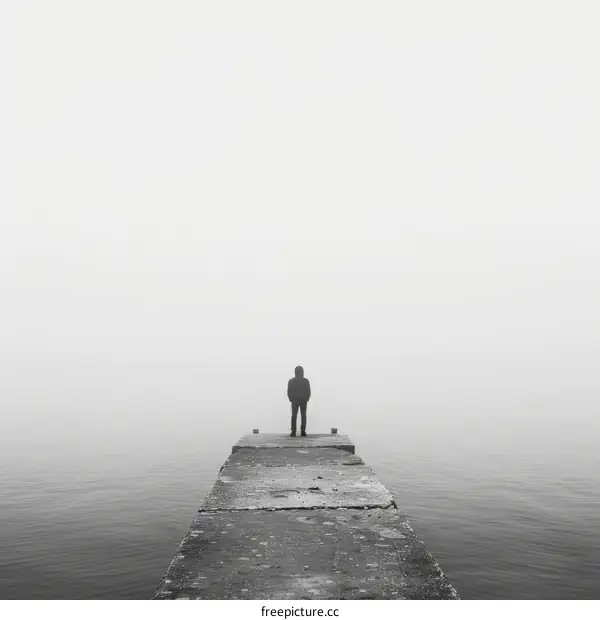 Man standing alone on a pier in the middle of a lake on a foggy day
