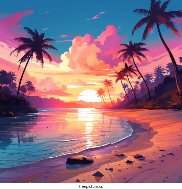 Beach sunset landscape with palm trees