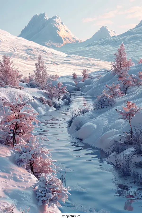 Snowy Mountain Valley with Flowing River
