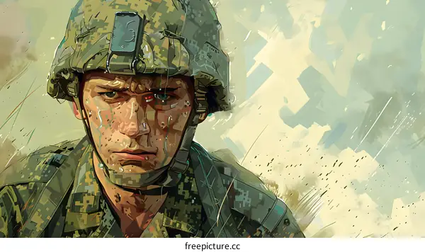 A soldier wearing a green and brown camouflage helmet and uniform with a serious look on his face